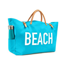 Large Capacity Custom Logo Durable PU Leather Handle Canvas Recycled Tote Beach Bags with Side Bottle Pocket